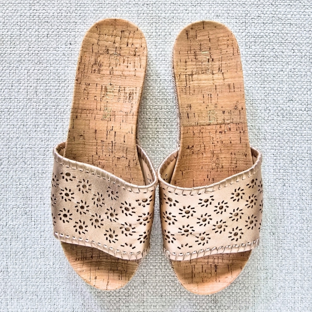 JACK ROGERS Metallic Rose Gold Floral Eyelet Leather Cork Slides Sandals 6.5